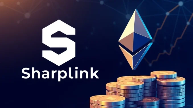 Sharplink Gaming's strategic ETH investment, symbolized by company and Ethereum logos amidst financial growth, highlights significant crypto fundraising.