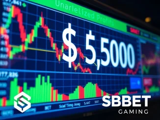SharpLink Gaming's $900M unrealized ETH profit displayed on a digital screen with crypto charts.