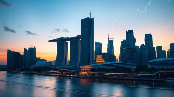 Singapore's financial district skyline at sunset, symbolizing the significant delay in *Singapore crypto rules* for banks until 2027.