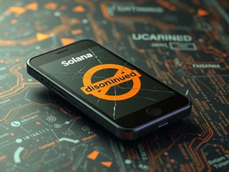 A Solana Saga phone displaying an 'end of support' message, symbolizing the discontinuation of the crypto smartphone.