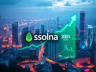 A chart showing Solana's SOL token price soaring towards a **Solana price target** of $300, reflecting bullish market sentiment and growth.