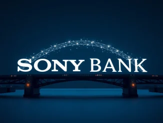Sony Bank's logo superimposed on a digital currency symbol, representing their pursuit of a US stablecoin regulation charter and entry into digital asset banking.