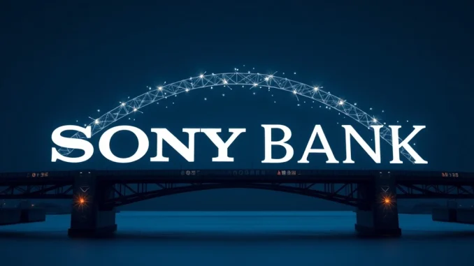 Sony Bank's logo superimposed on a digital currency symbol, representing their pursuit of a US stablecoin regulation charter and entry into digital asset banking.