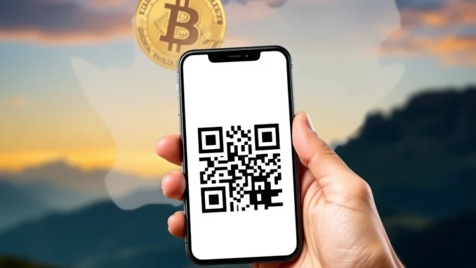 A smartphone screen showing a QR code for payments, representing ScanToPay's new South Africa crypto payments integration.