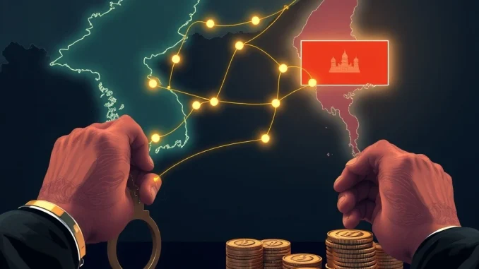 Illustrative representation of a cross-border **crypto laundering** operation involving South Korea and Cambodia, showing digital assets and legal enforcement.
