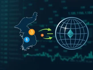 Visualizing the significant South Korea crypto outflow, with digital currency moving from Korean exchanges to overseas platforms, highlighting the $92.1 billion shift.
