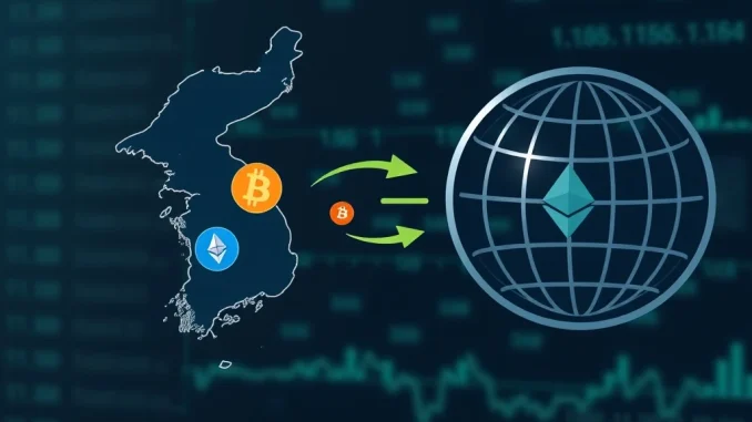 Alarming $92 Billion South Korea Crypto Outflow Rocks Domestic Exchanges Visualizing the significant South Korea crypto outflow, with digital currency moving from Korean exchanges to overseas platforms, highlighting the $92.1 billion shift.
