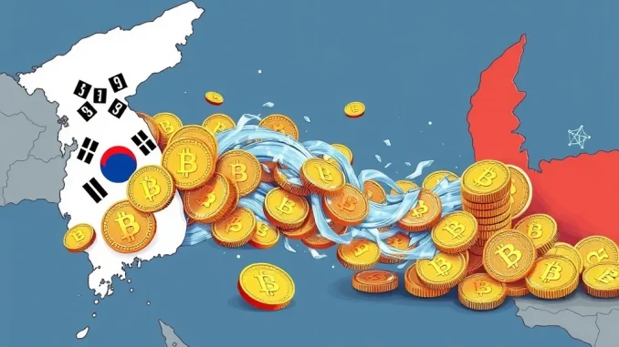 Visualizing the dramatic 1,400-fold surge in South Korea-Cambodia crypto transfers, highlighting financial flows between nations.