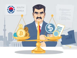 Illustrates **digital asset supervision** in South Korea, depicting regulatory oversight balancing crypto with traditional finance.