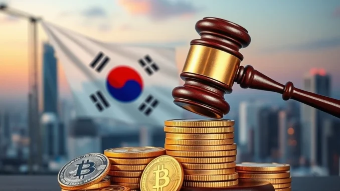 A gavel over digital coins symbolizing South Korea's proposed stablecoin regulation to prevent illicit financial activities.