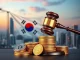 A gavel over digital coins symbolizing South Korea's proposed stablecoin regulation to prevent illicit financial activities.