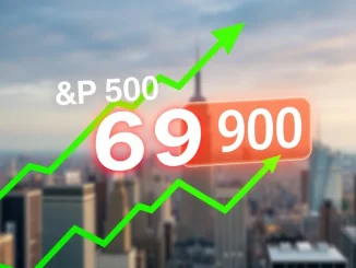 A vibrant chart showing the S&P 500 index reaching an unprecedented 6900, signifying a significant market rally and economic growth.