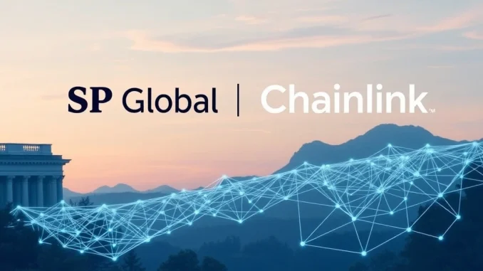 S&P Global and Chainlink logos intertwined, symbolizing their partnership to bring stablecoin assessment data on-chain.