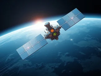 A satellite connecting digital cryptocurrency streams, representing the Spacecoin airdrop for CTC holders and its satellite internet crypto vision.