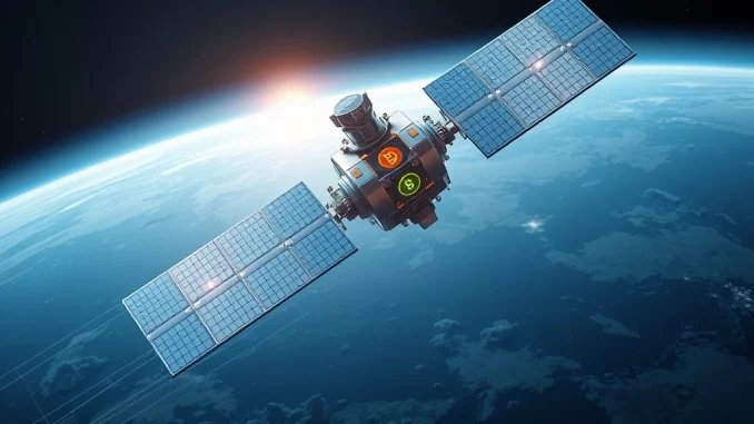 A satellite connecting digital cryptocurrency streams, representing the Spacecoin airdrop for CTC holders and its satellite internet crypto vision.