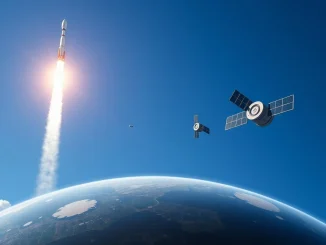 SpaceX Falcon 9 rocket launching SpaceCoin satellites into orbit for decentralized satellite internet.