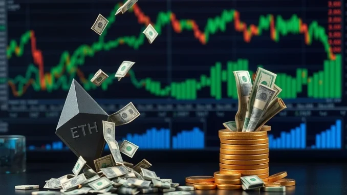 Visualizing the $56.8M net outflow from Spot ETH ETFs, with funds leaving one investment vehicle and entering another, reflecting current ETH market trends.