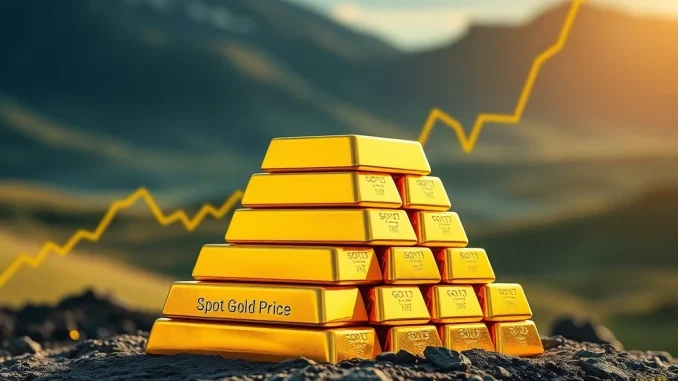 Depiction of shining gold bars symbolizing the **spot gold price** reaching a historic high in the ongoing record rally.