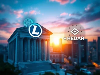 Digital representation of a Spot LTC ETF and HBAR ETF emerging from SEC filings, indicating a significant step towards approval.