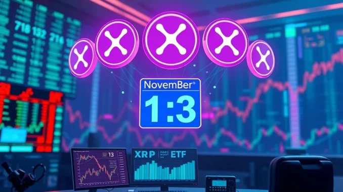 An illustration of a digital calendar highlighting November 13, symbolizing the anticipated listing date for the Spot XRP ETF.