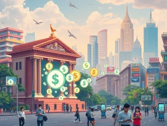 An illustration showing stablecoins causing a significant capital outflow from emerging market banks, highlighting financial disruption.