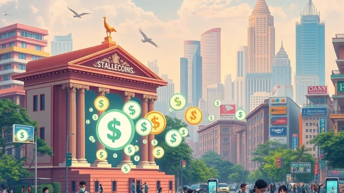 An illustration showing stablecoins causing a significant capital outflow from emerging market banks, highlighting financial disruption.