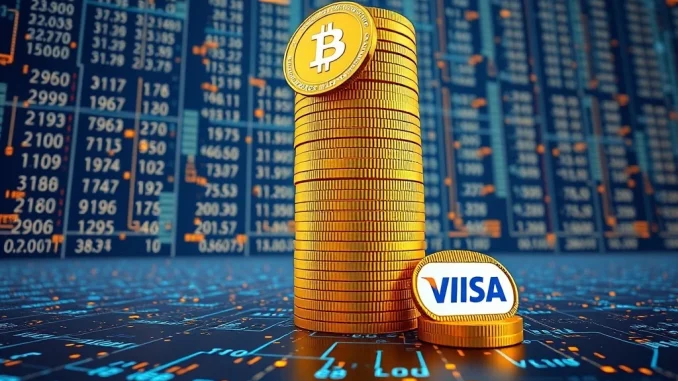 Graph illustrating how stablecoin volume dramatically surpasses Visa's global payments, highlighting crypto market maturity.