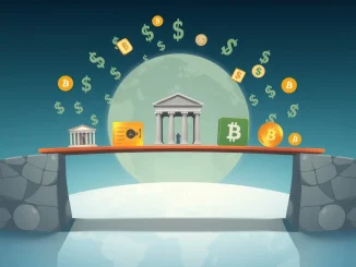 An illustration showing a digital bridge between traditional banks and stablecoins, representing the potential for misunderstanding or collaboration in the financial sector, emphasizing the role of stablecoins.