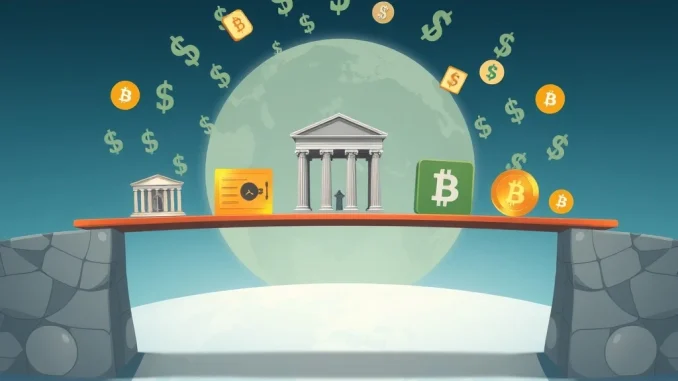 An illustration showing a digital bridge between traditional banks and stablecoins, representing the potential for misunderstanding or collaboration in the financial sector, emphasizing the role of stablecoins.