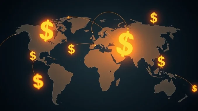 An illustrative graphic showing stablecoins facilitating global financial system transactions, with digital currency symbols connecting continents.