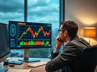 IMF official pointing to a chart illustrating potential stablecoin market risks to global financial stability.