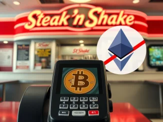 Steak 'n Shake logo next to a Bitcoin symbol, illustrating the fast-food chain's decision to stick with Bitcoin and scrap ETH payments.