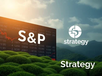 A stock market display shows S&P 500 growth, symbolizing Strategy's probable inclusion driven by its Bitcoin holdings.