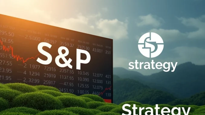 A stock market display shows S&P 500 growth, symbolizing Strategy's probable inclusion driven by its Bitcoin holdings.
