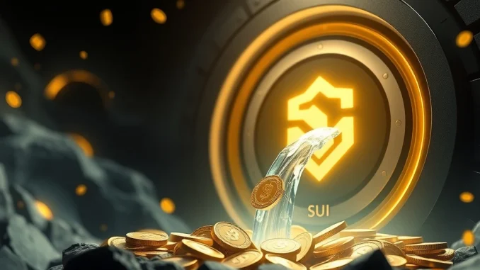 Illustration of digital coins flowing into a pool, symbolizing the Momentum DEX HODL Yield Campaign on Sui, offering enhanced liquidity rewards.
