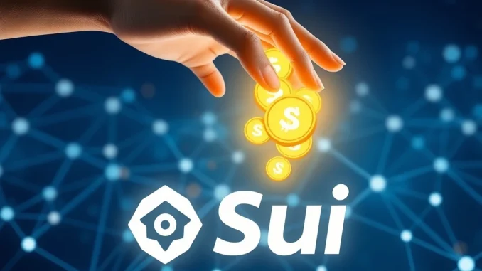 A visual representation of the Sui Name Service airdrop, depicting digital tokens being distributed as rewards to early DAO participants.