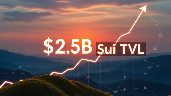 A vibrant digital representation of Sui TVL growth reaching $2.5 billion, illustrating the Sui blockchain's significant financial milestone.