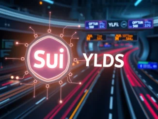 Digital representation of the Sui blockchain supporting the YLDS stablecoin, signifying secure and compliant DeFi integration.