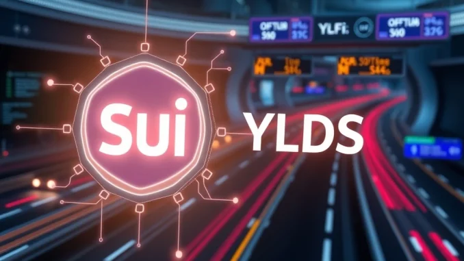 Digital representation of the Sui blockchain supporting the YLDS stablecoin, signifying secure and compliant DeFi integration.
