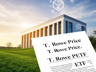A visual representation of T Rowe Price's strategic **active crypto ETF** filing, blending traditional finance with digital asset symbols.