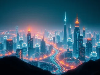 Visualizing AI agents interacting within a secure, blockchain-powered digital economy, highlighting the innovative Talus Project.