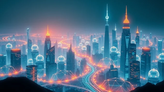 Visualizing AI agents interacting within a secure, blockchain-powered digital economy, highlighting the innovative Talus Project.