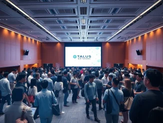Attendees engaging at the Talus Network AI blockchain platform community event in Seoul, discussing future innovations.
