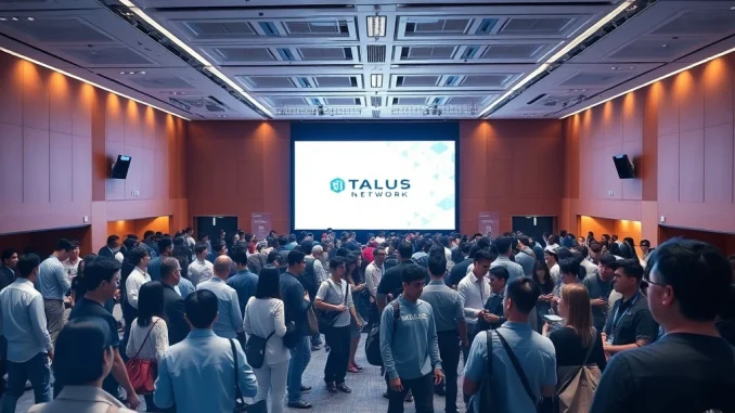 Attendees engaging at the Talus Network AI blockchain platform community event in Seoul, discussing future innovations.