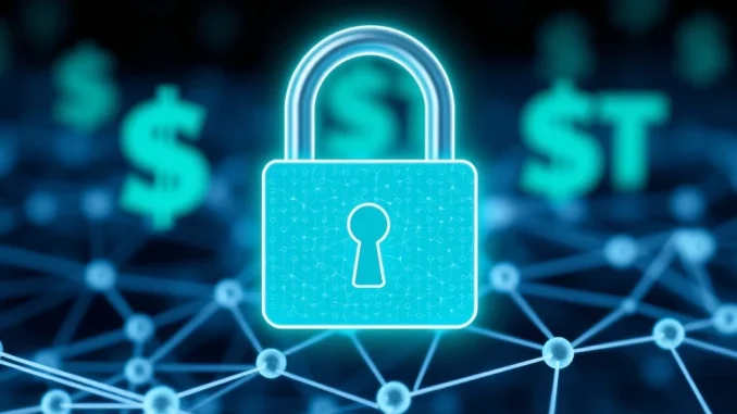 A digital padlock symbolizing the Tether freeze of USDT, emphasizing stablecoin security and blockchain compliance.