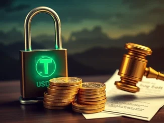 Legal documents and a frozen USDT symbol representing the **Tether lawsuit** over a $44.7M asset freeze.
