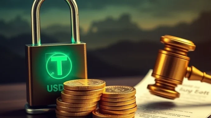 Legal documents and a frozen USDT symbol representing the **Tether lawsuit** over a $44.7M asset freeze.