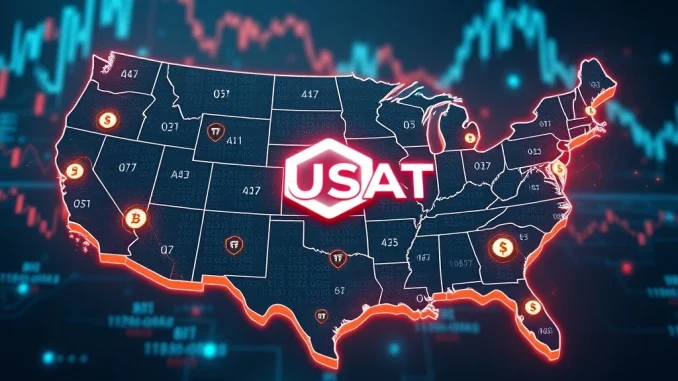 Conceptual image of Tether USAT stablecoin on a digital map of the United States, symbolizing its market expansion through Tether investment.