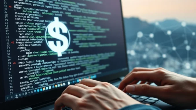 A digital interface showcasing code and crypto symbols, representing the new Tether WDK for open-source wallet development.