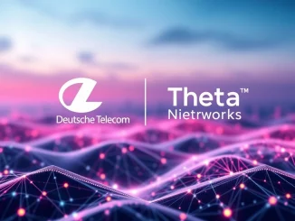 Deutsche Telekom and Theta Network logos merging, symbolizing their strategic validator node partnership for decentralized video.